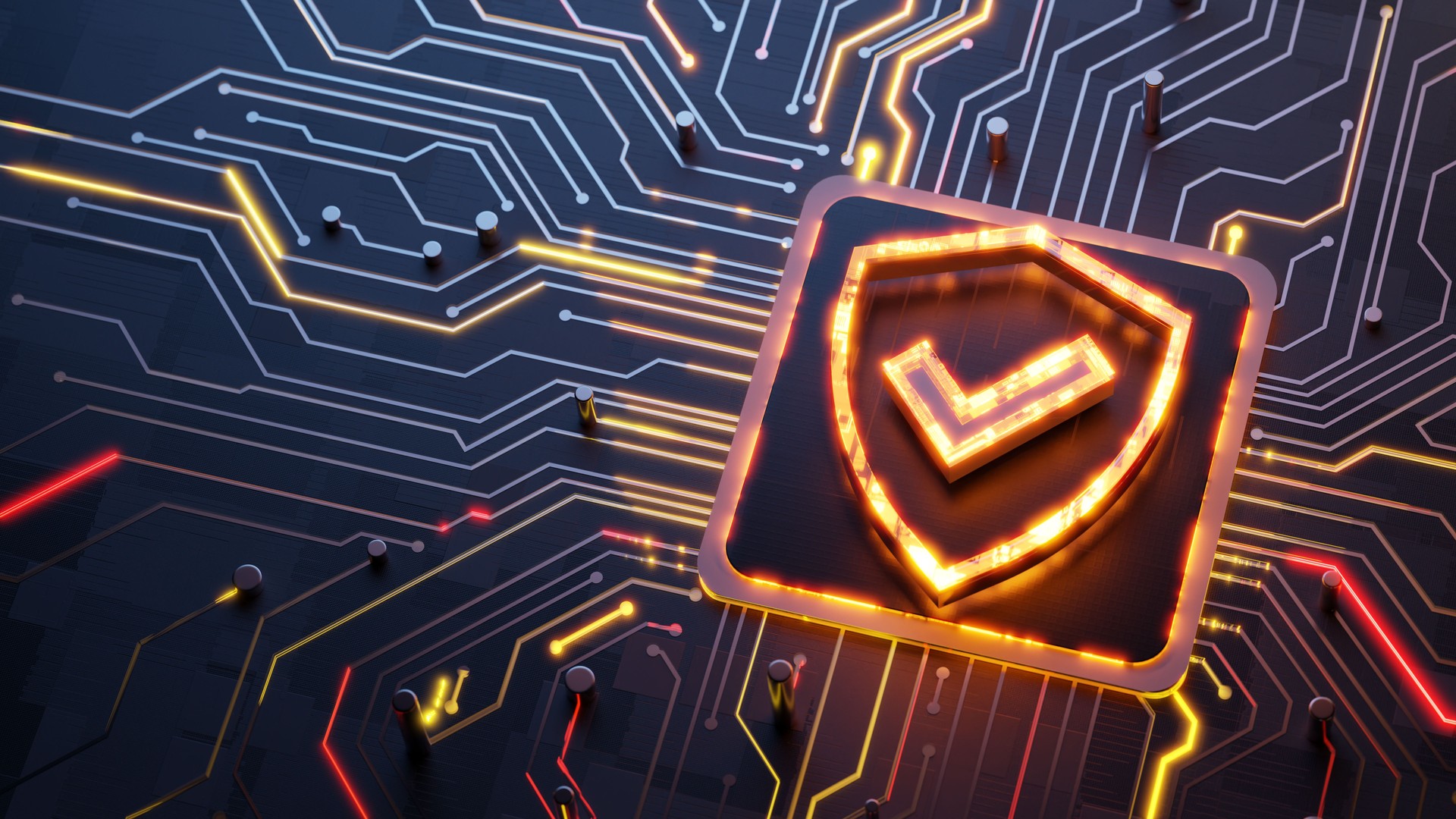 Security solutions concept. Glowing shield with arrow sign on the abstract main cpu on circuit board with light trails as data streaming symbol