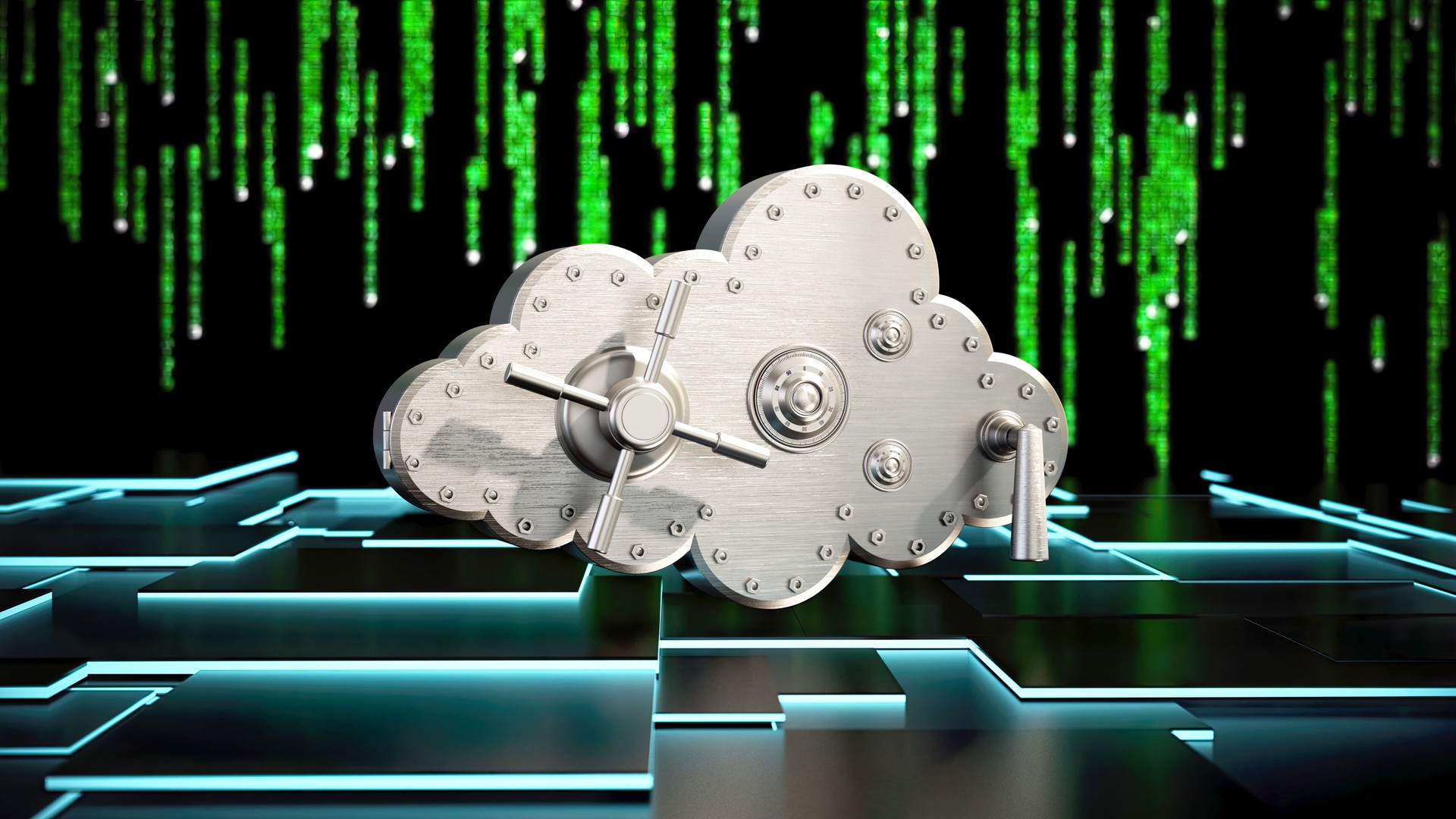 Cloud Shaped Steel Safe Against Flowing Data Background. Cloud Computing and Data Security Concept